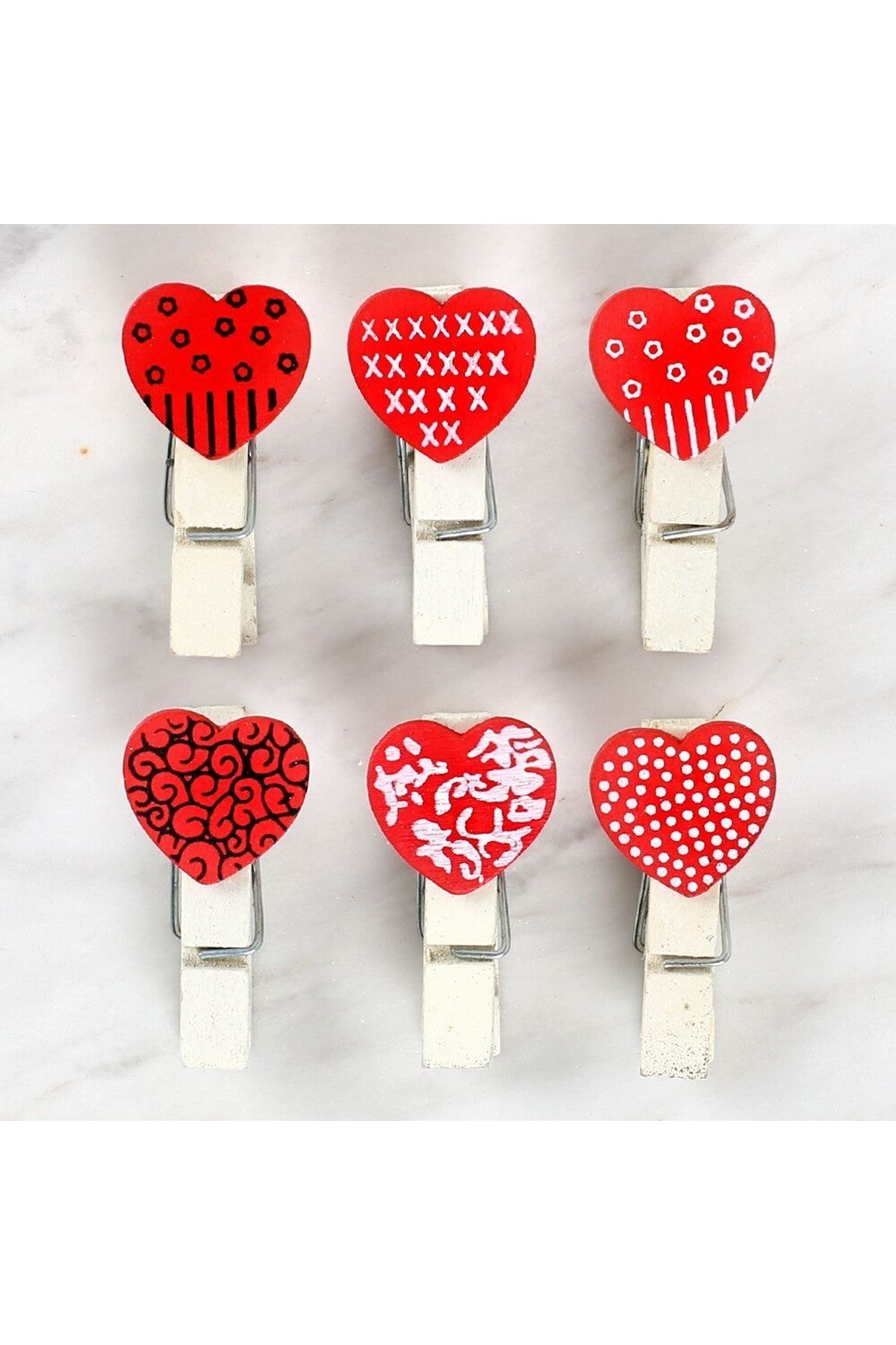Loren Dekoratif Kırmızı Kalp Desenli Mandal 6'lı