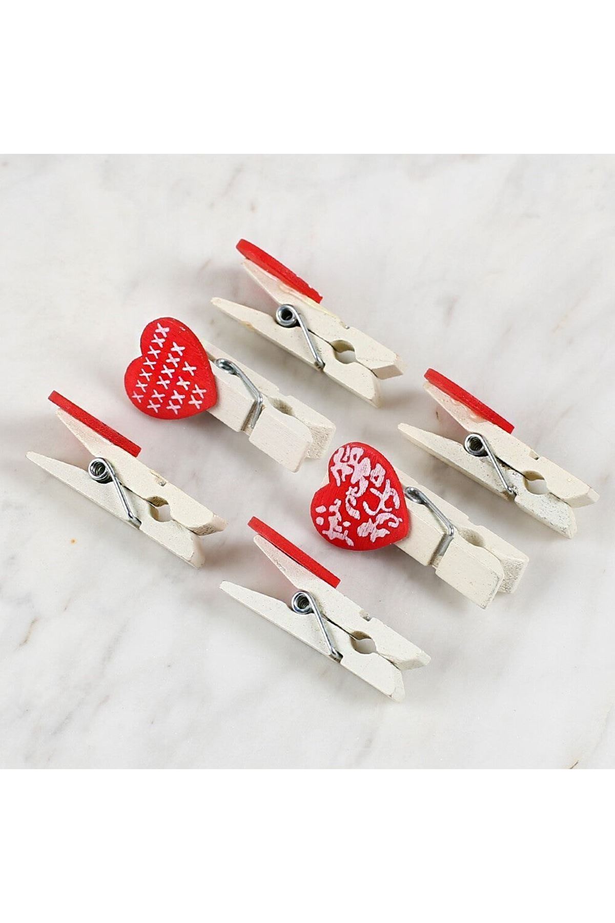 Loren Dekoratif Kırmızı Kalp Desenli Mandal 6'lı