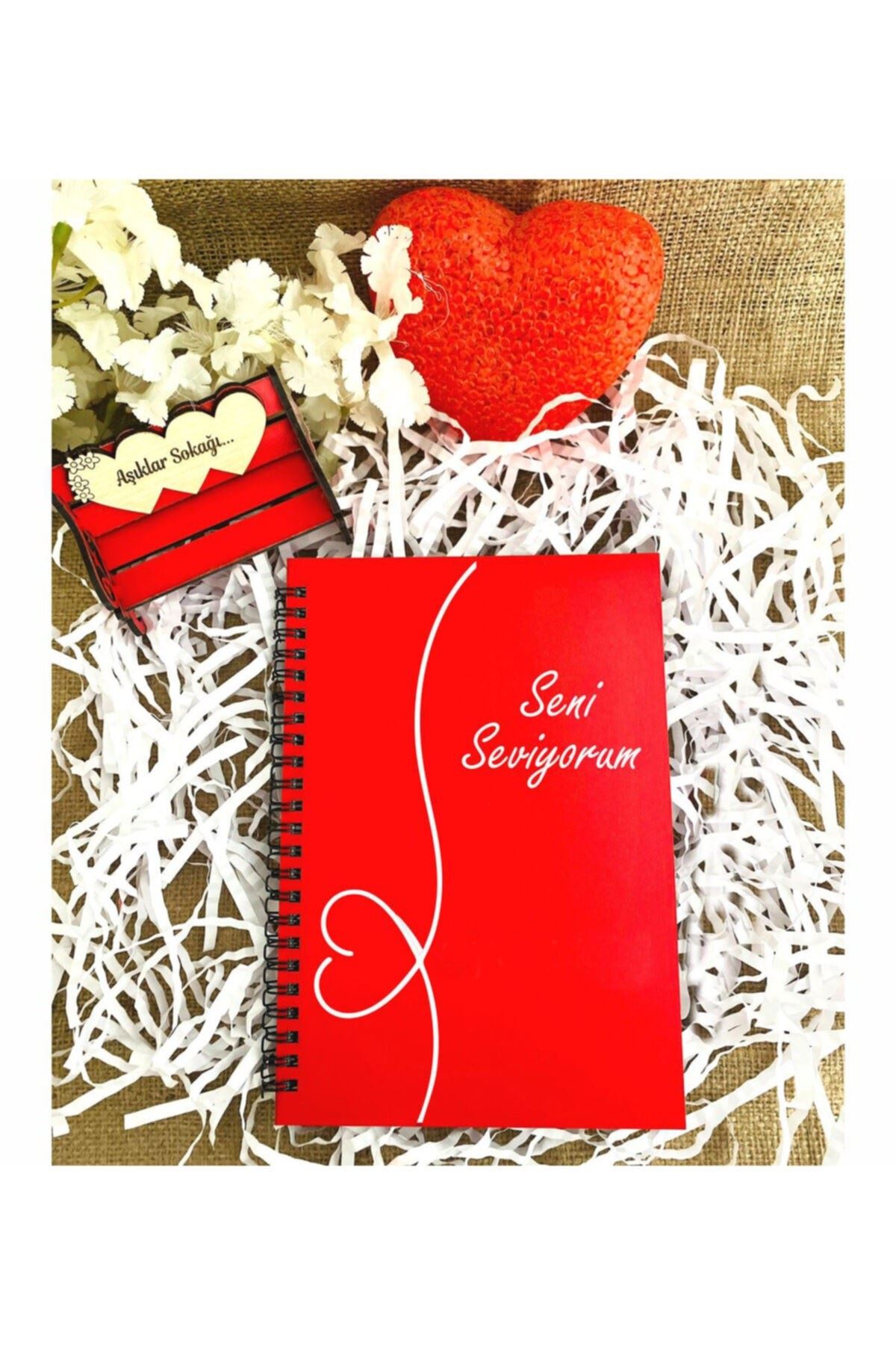 Sevgililer Günü Seni Seviyorum Yazılı Ahşap Defter Kalem Seti - Kırmızı