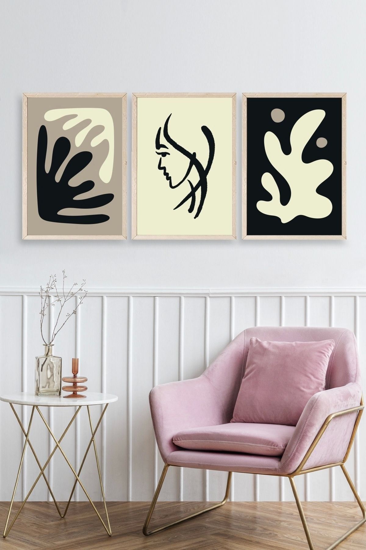 Soyut Üçlü Ahşap Çerçeveli Tablo 23 x 30