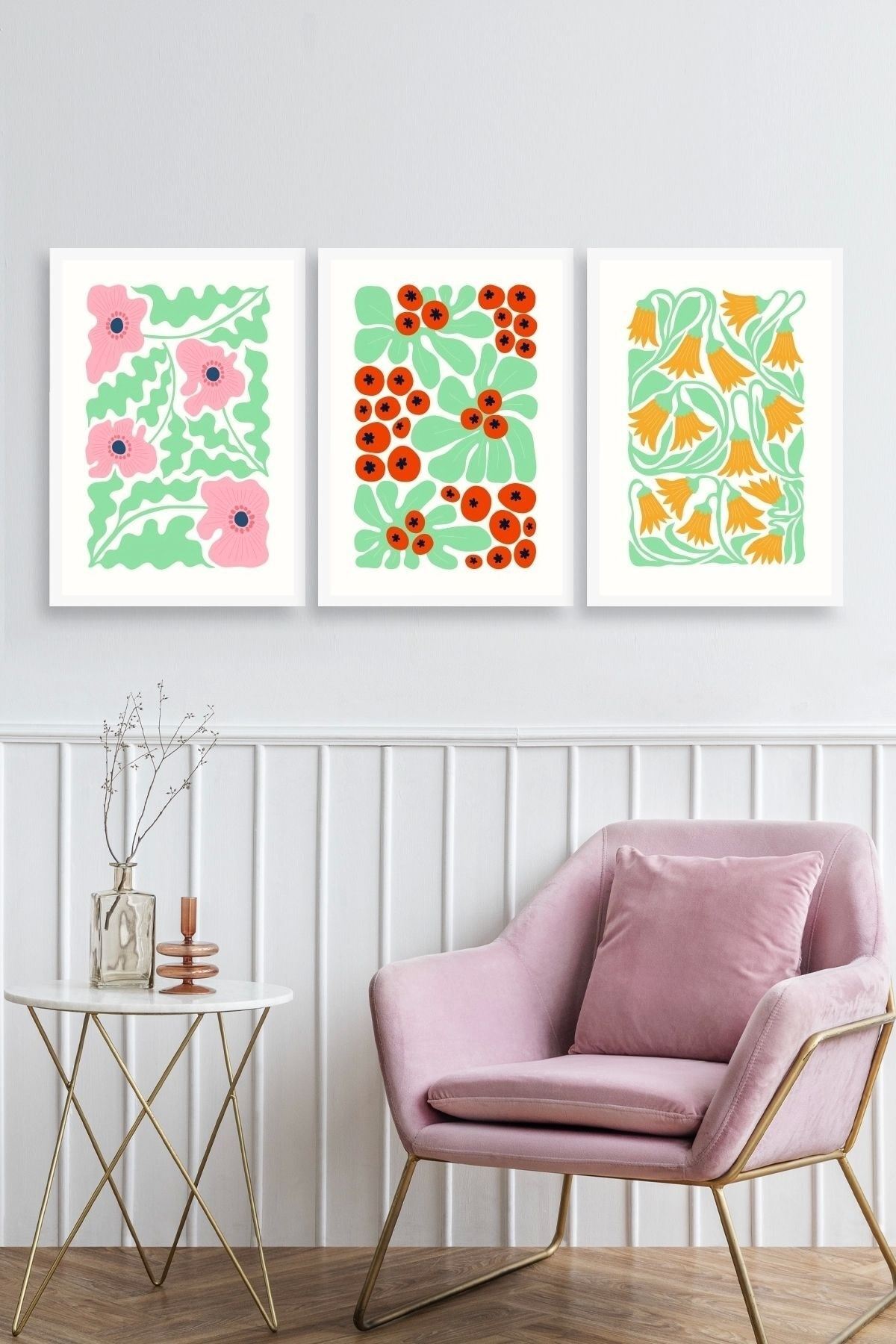 Çiçekler Üçlü Ahşap Çerçeveli Tablo 30 x 40