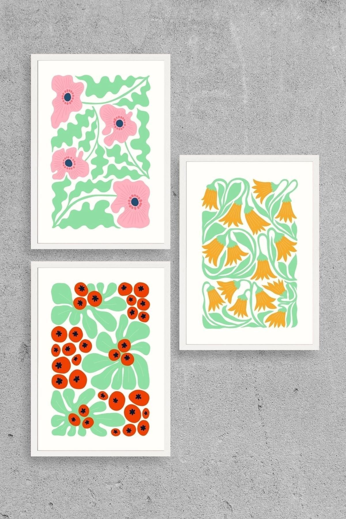 Çiçekler Üçlü Ahşap Çerçeveli Tablo 40 x 60