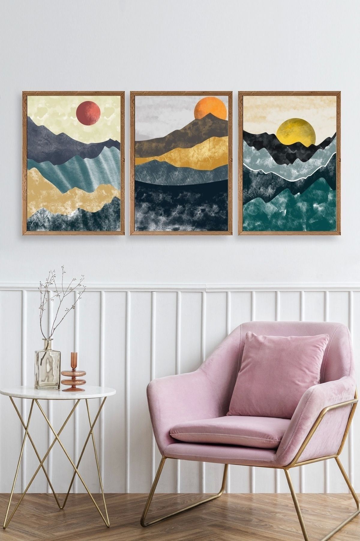 Manzara Üçlü Ahşap Çerçeveli Tablo 23 x 30