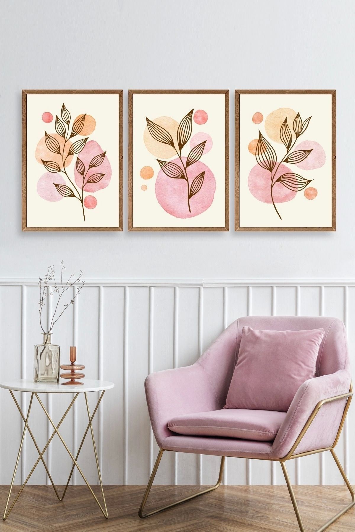 Çiçek Desenli Üçlü Ahşap Çerçeveli Tablo 17 x 23