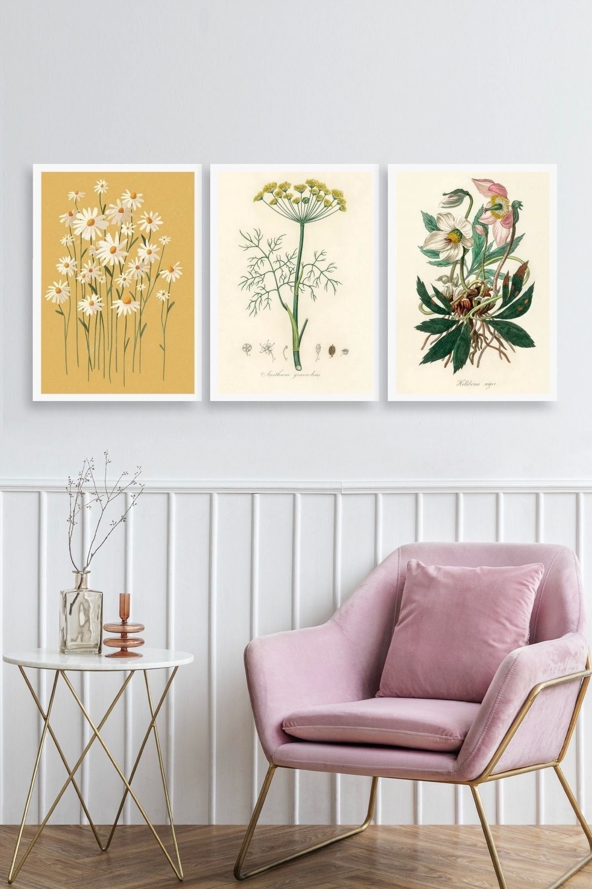 Çiçek Üçlü Ahşap Çerçeveli Tablo 50 x 70