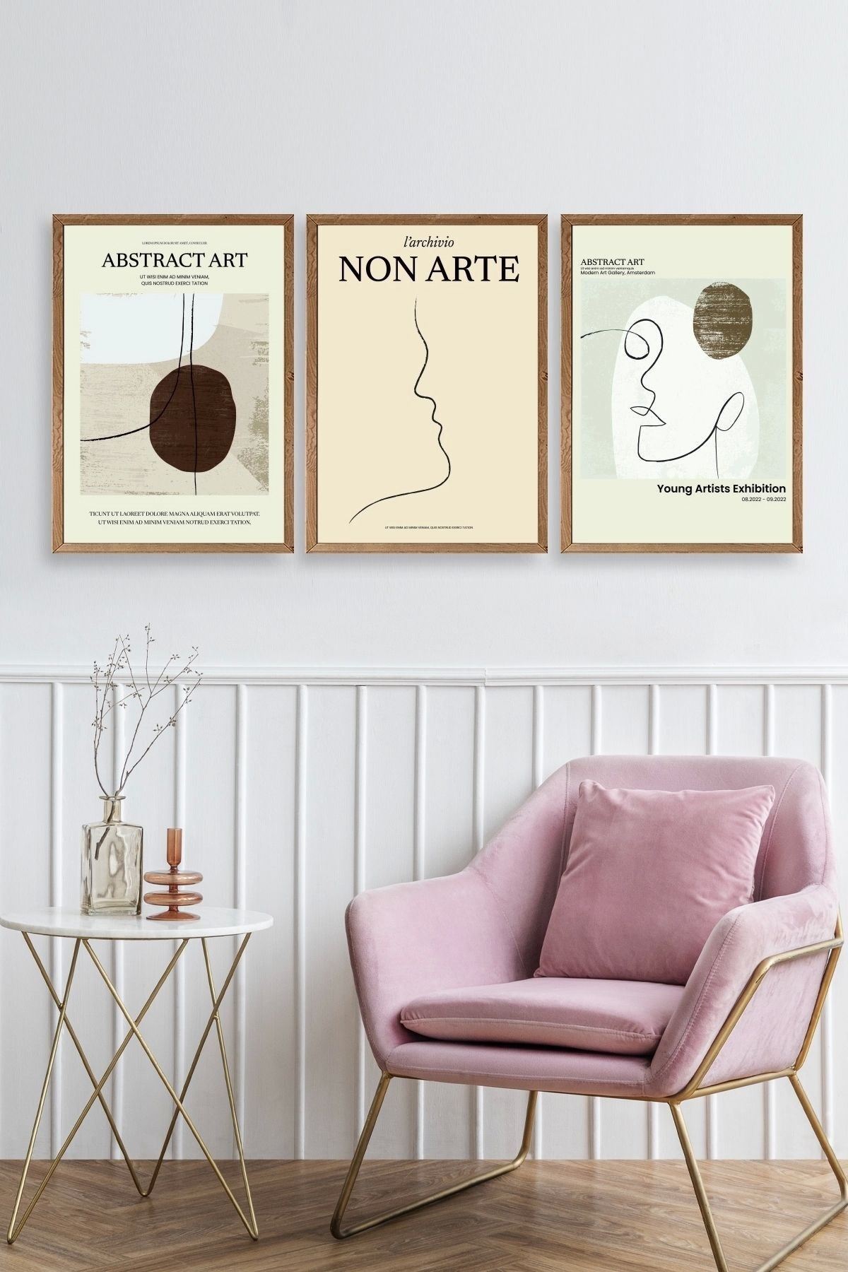 Soyut Sanat Üçlü Ahşap Çerçeveli Tablo 23 x 30