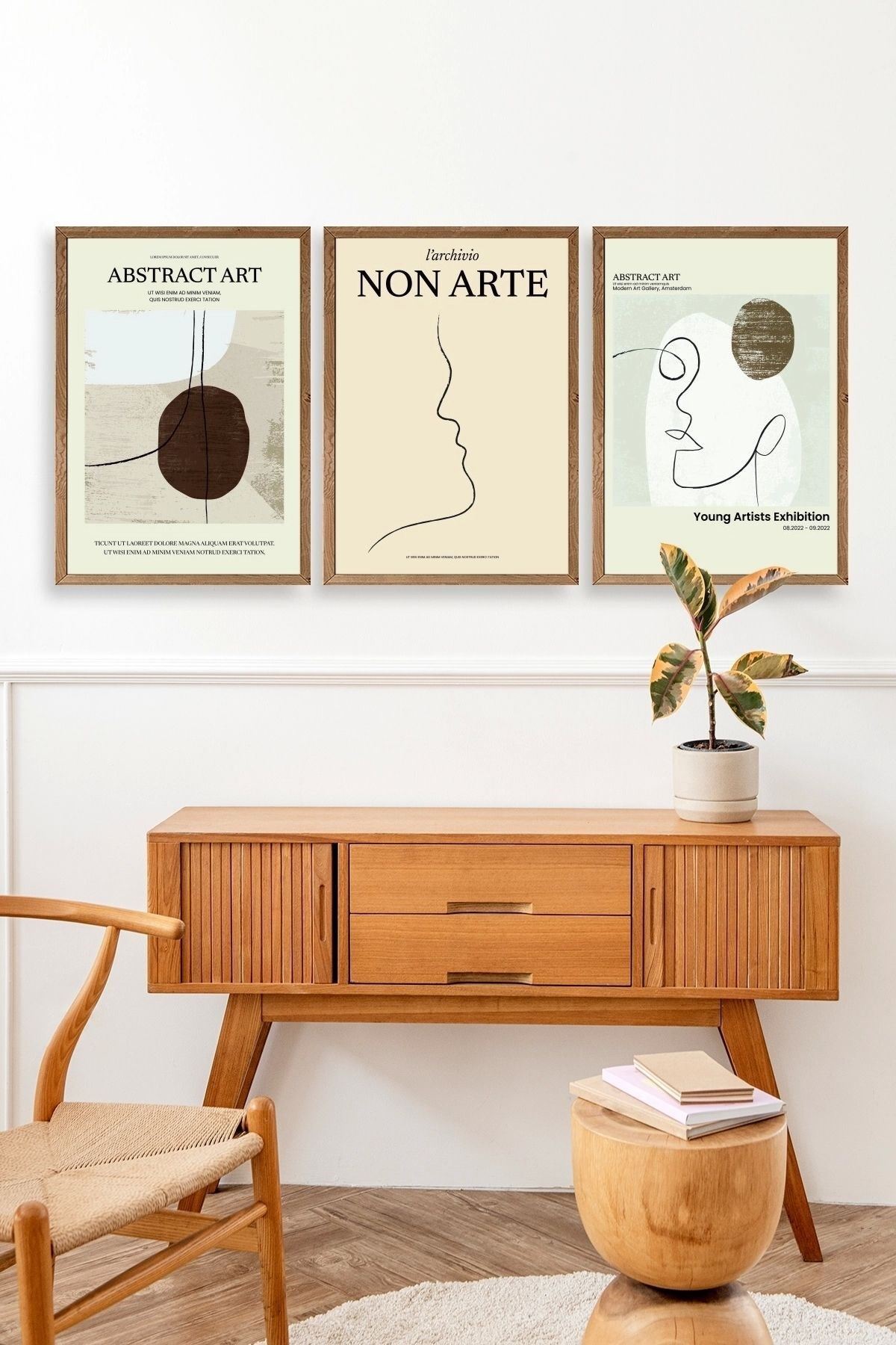 Soyut Sanat Üçlü Ahşap Çerçeveli Tablo 30 x 40