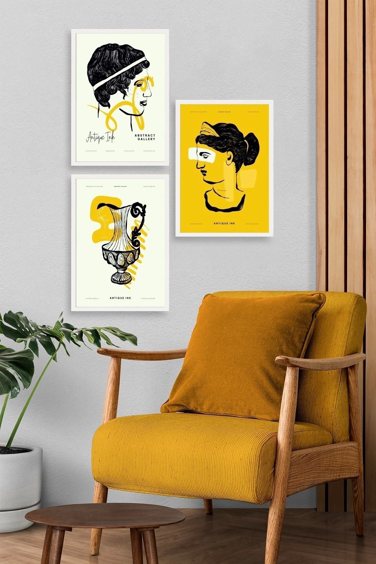 Soyut Üçlü Ahşap Çerçeveli Tablo 40 x 60