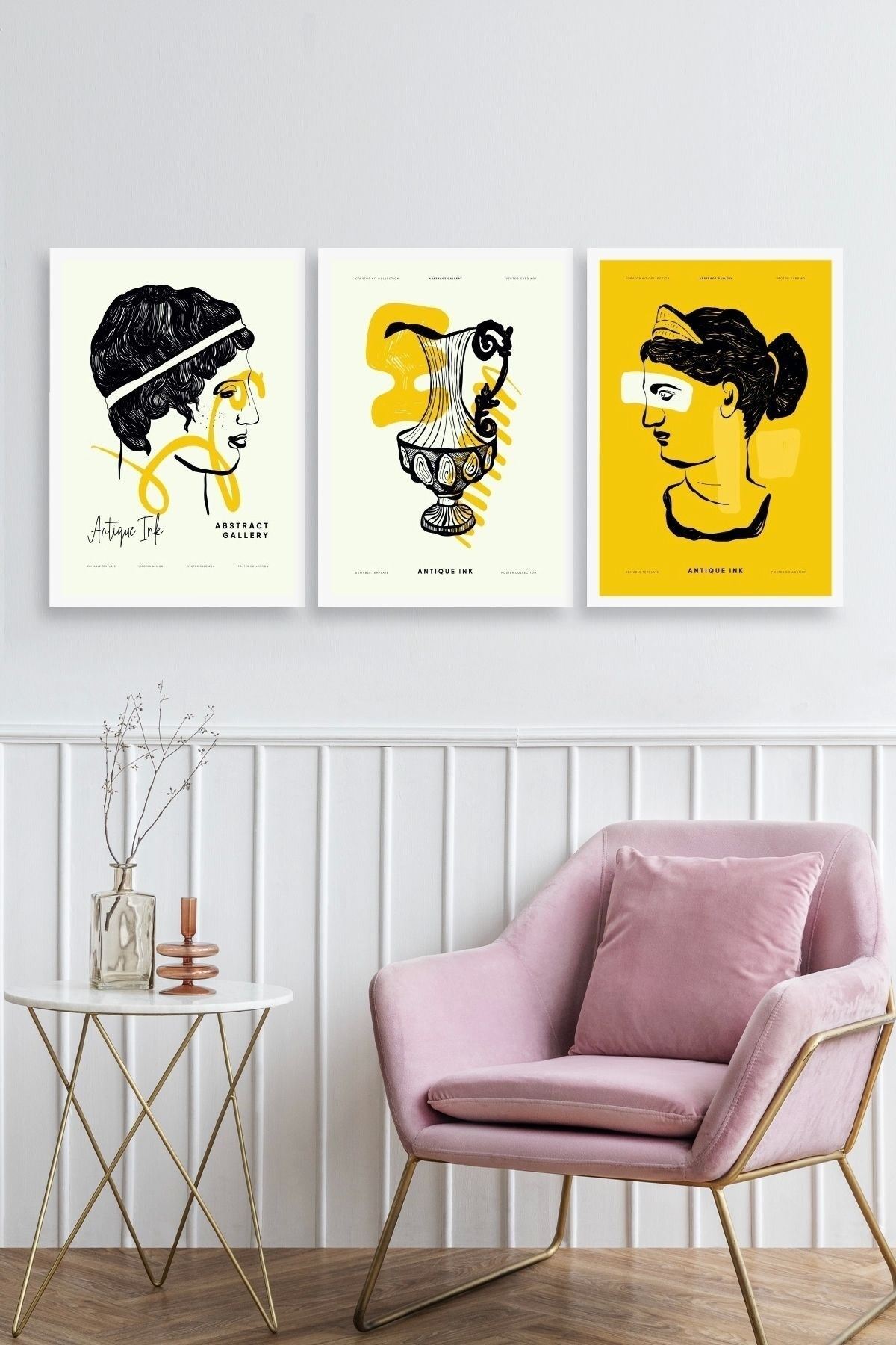 Soyut Üçlü Ahşap Çerçeveli Tablo 30 x 40