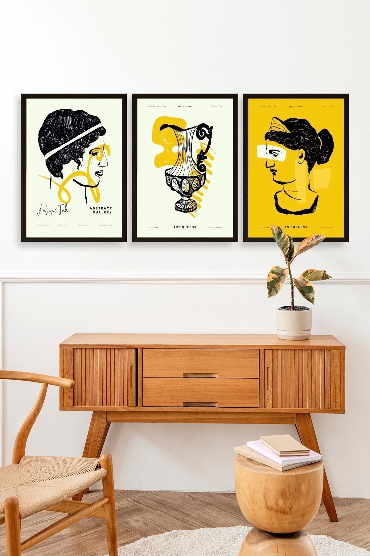 Soyut Üçlü Ahşap Çerçeveli Tablo 23 x 30