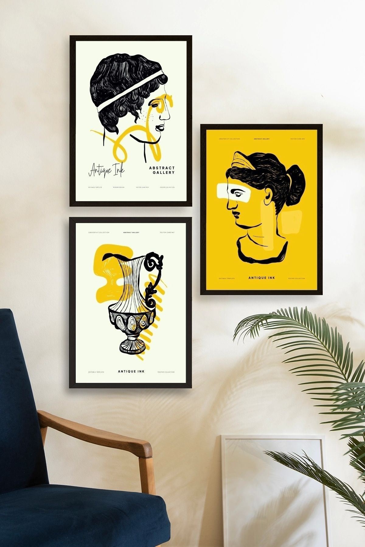 Soyut Üçlü Ahşap Çerçeveli Tablo 50 x 70