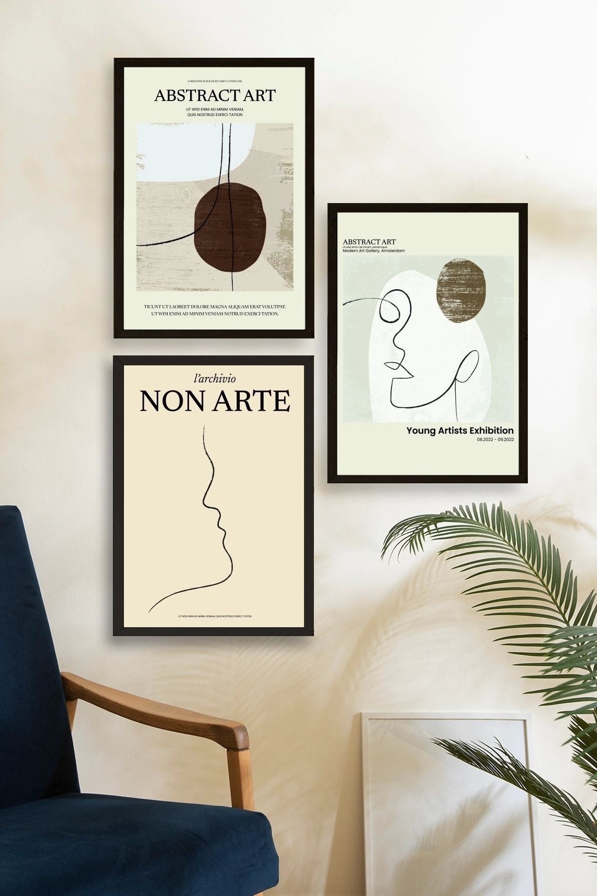 Soyut Sanat Üçlü Ahşap Çerçeveli Tablo 50 x 70