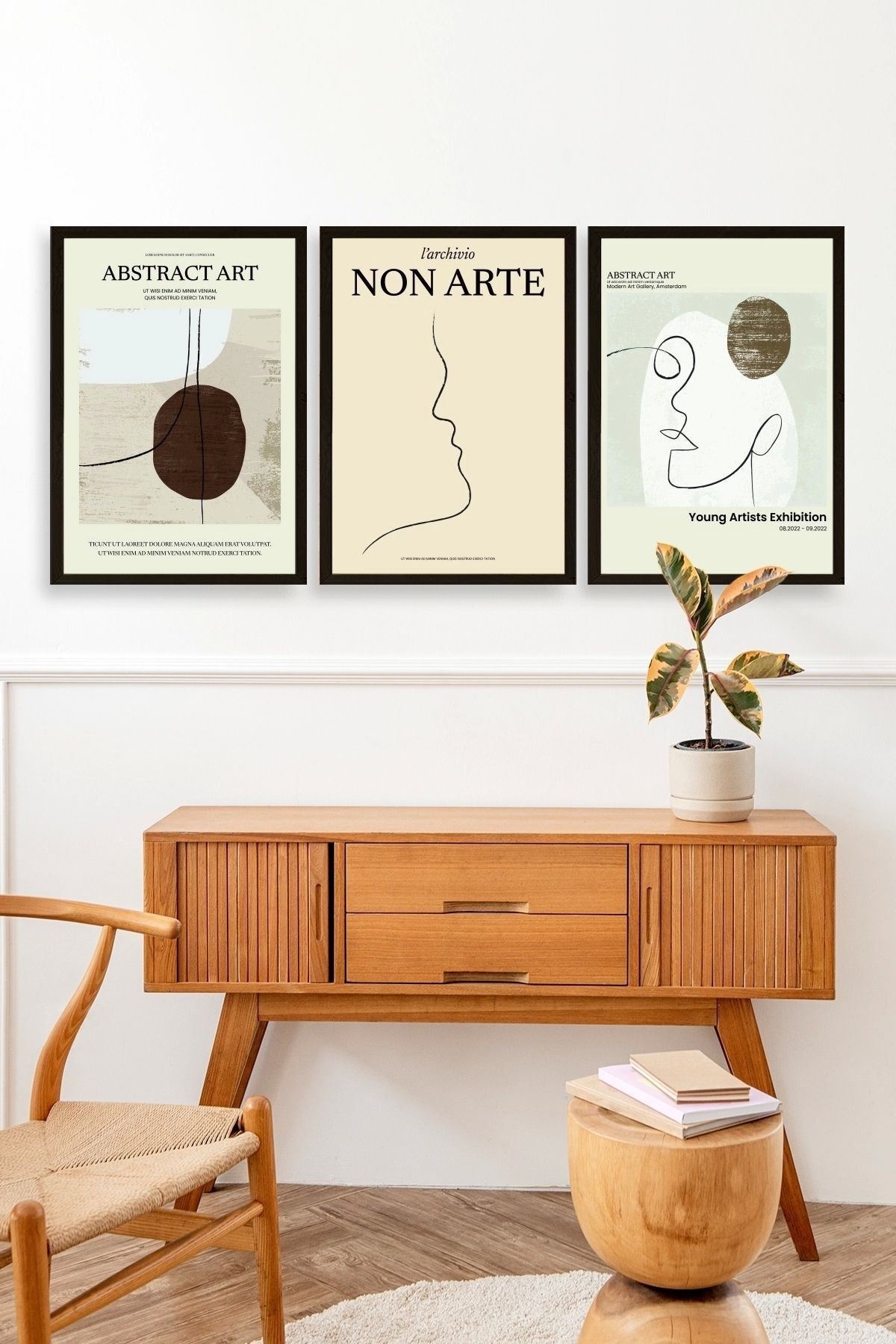 Soyut Sanat Üçlü Ahşap Çerçeveli Tablo 50 x 70