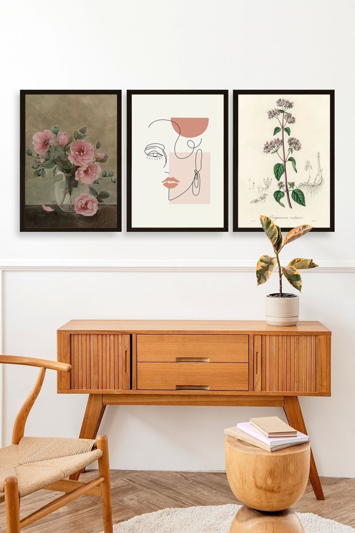 Çiçek Üçlü Ahşap Çerçeveli Tablo 30 x 40