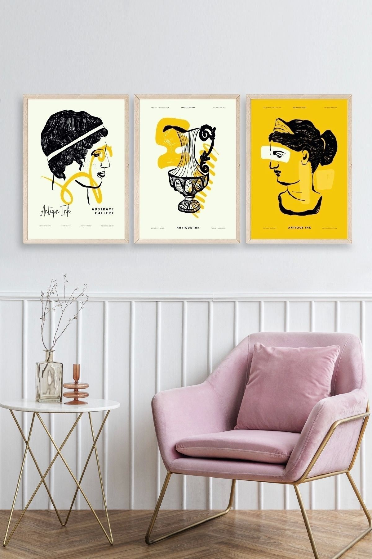 Soyut Üçlü Ahşap Çerçeveli Tablo 23 x 30