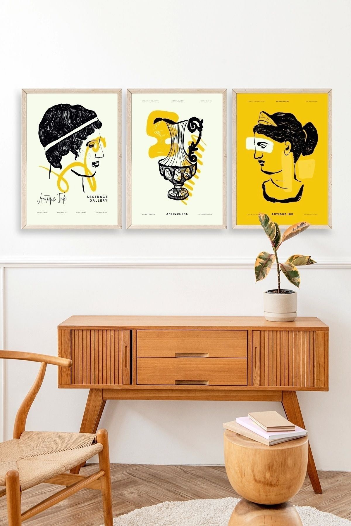 Soyut Üçlü Ahşap Çerçeveli Tablo 23 x 30