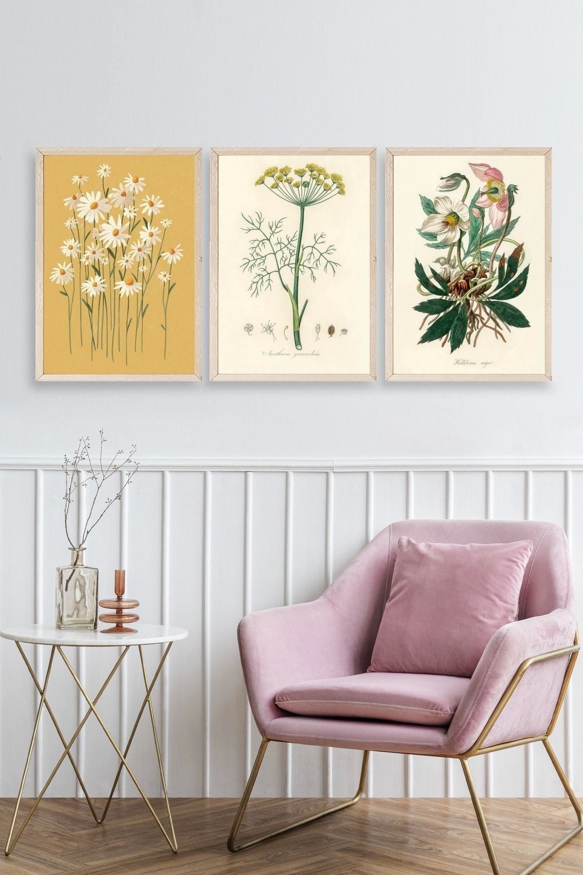 Çiçek Üçlü Ahşap Çerçeveli Tablo 40 x 60