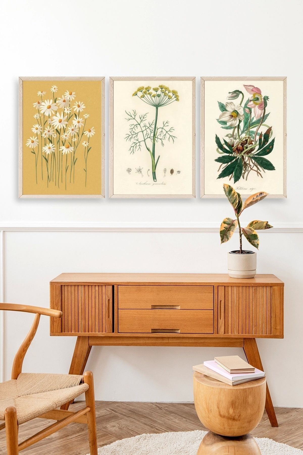 Çiçek Üçlü Ahşap Çerçeveli Tablo 30 x 40