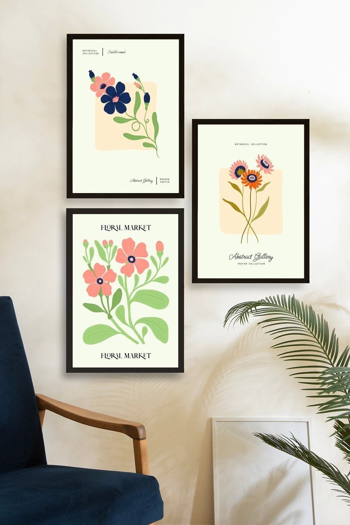 Flower Market Üçlü Ahşap Çerçeveli Tablo 40 x 60