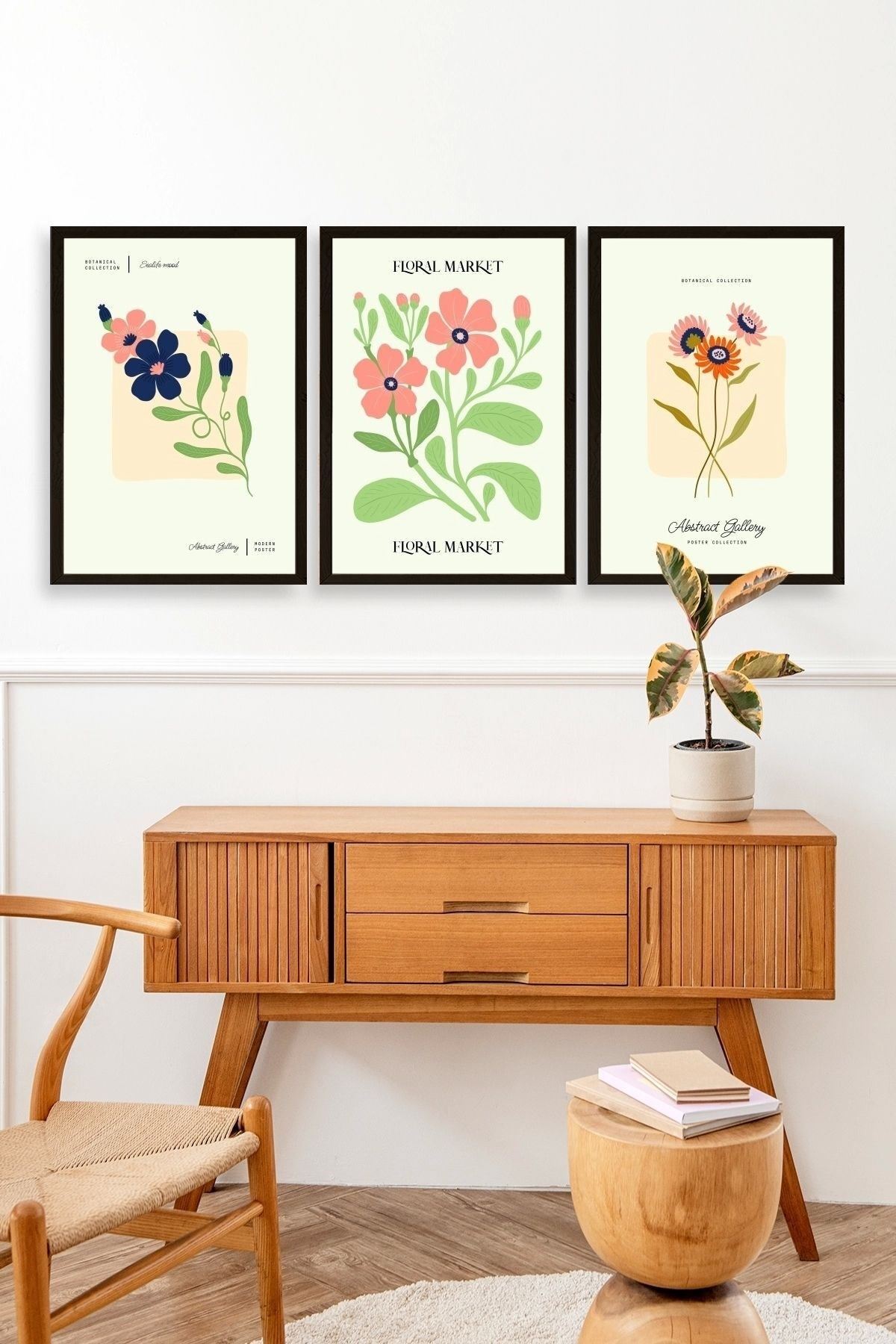 Flower Market Üçlü Ahşap Çerçeveli Tablo 23 x 30