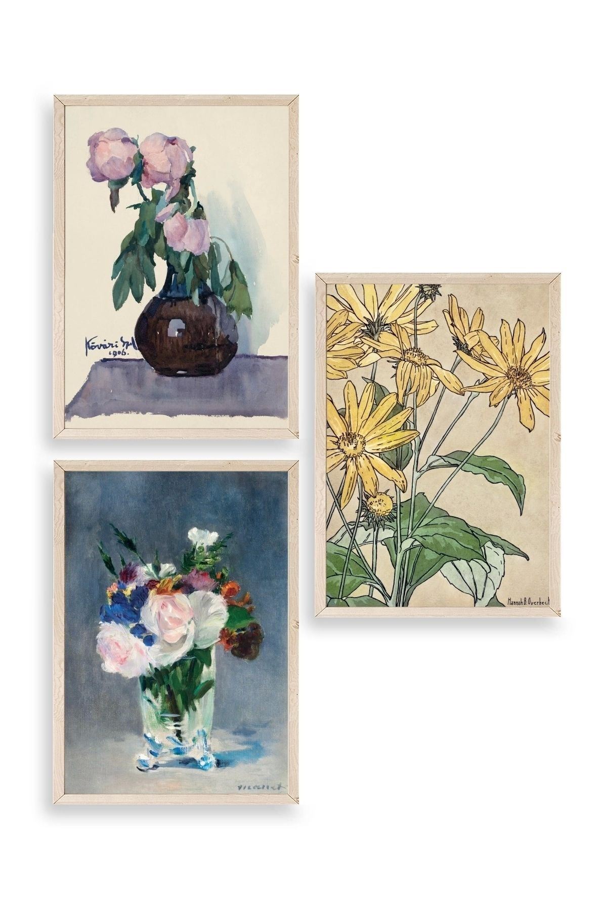 Vazodaki Çiçekler Üçlü Ahşap Çerçeveli Tablo 50 x 70