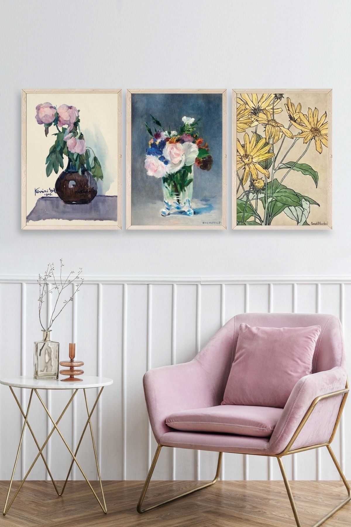 Vazodaki Çiçekler Üçlü Ahşap Çerçeveli Tablo 23 x 30