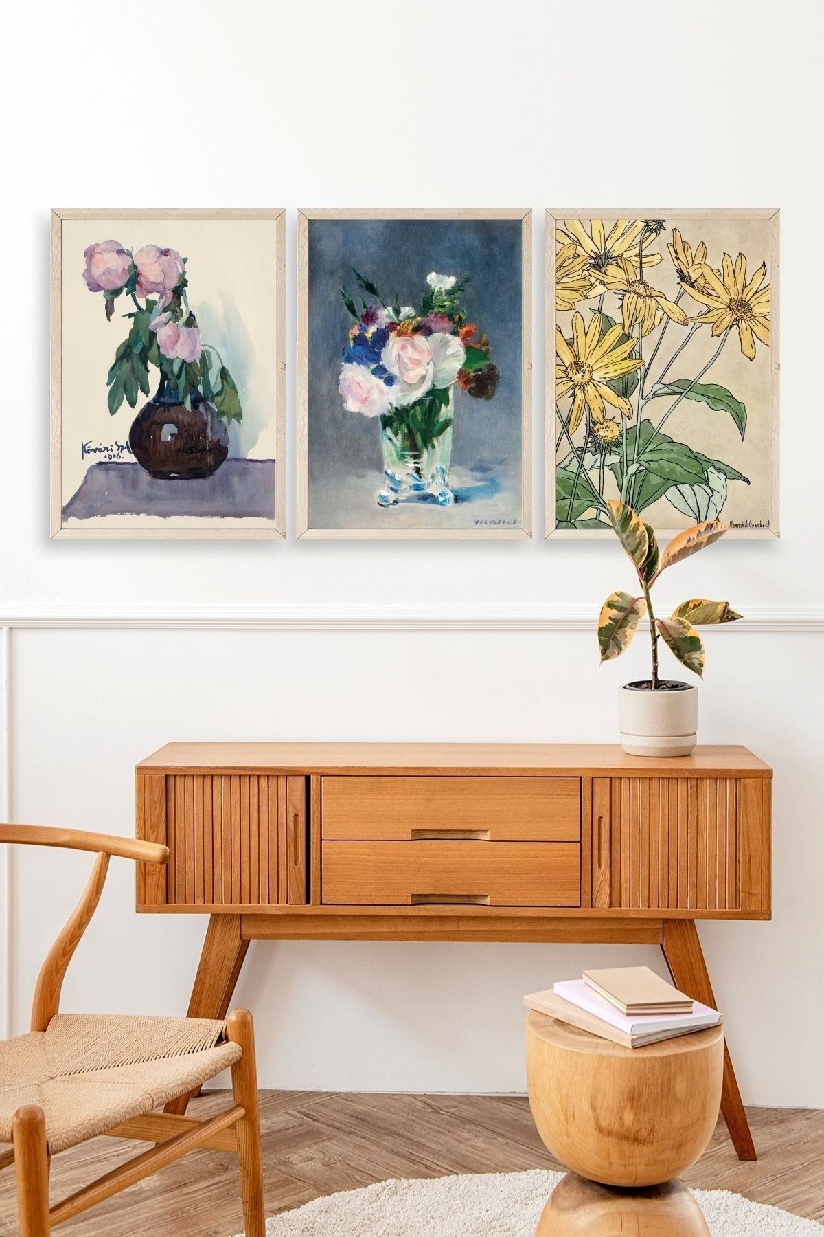 Vazodaki Çiçekler Üçlü Ahşap Çerçeveli Tablo 23 x 30