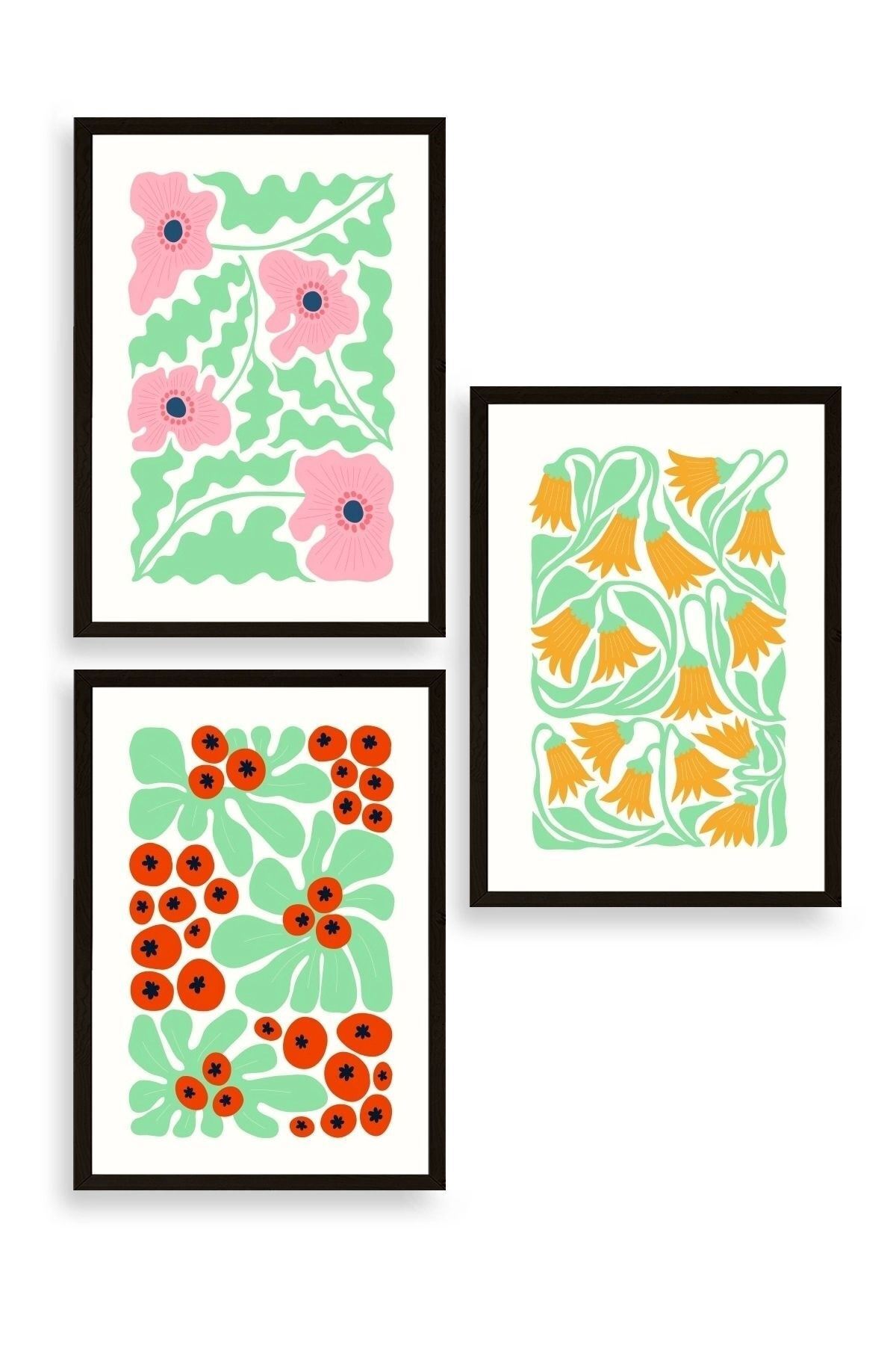 Çiçekler Üçlü Ahşap Çerçeveli Tablo 23 x 30