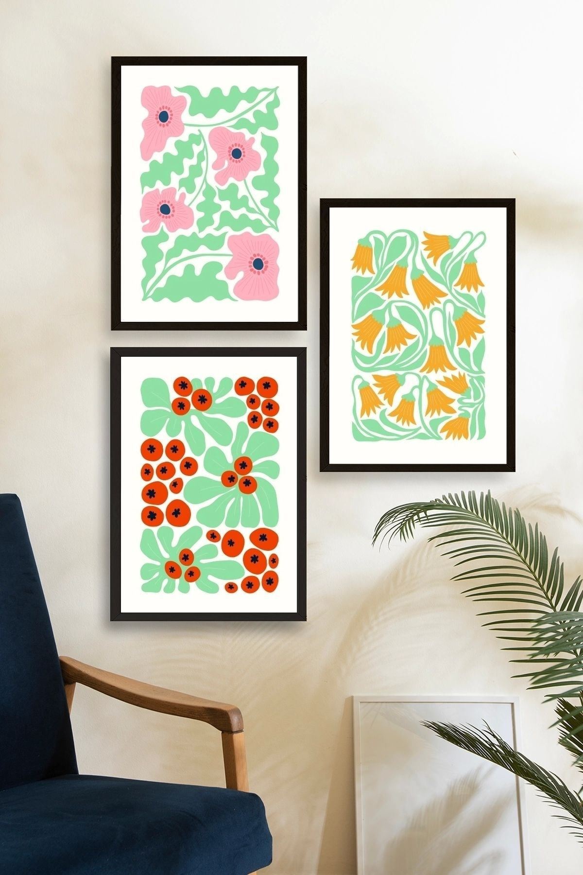 Çiçekler Üçlü Ahşap Çerçeveli Tablo 50 x 70