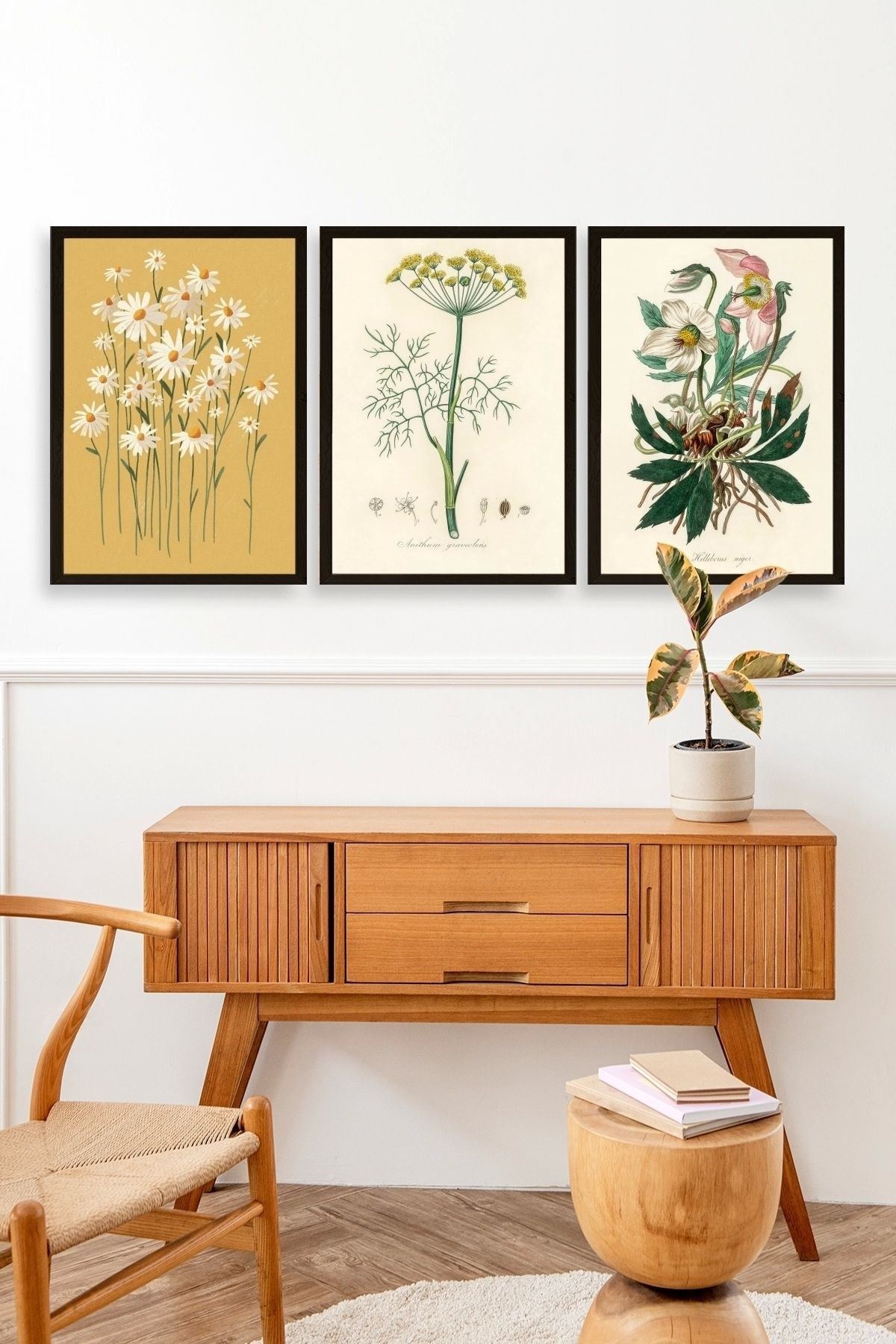 Çiçek Üçlü Ahşap Çerçeveli Tablo 50 x 70