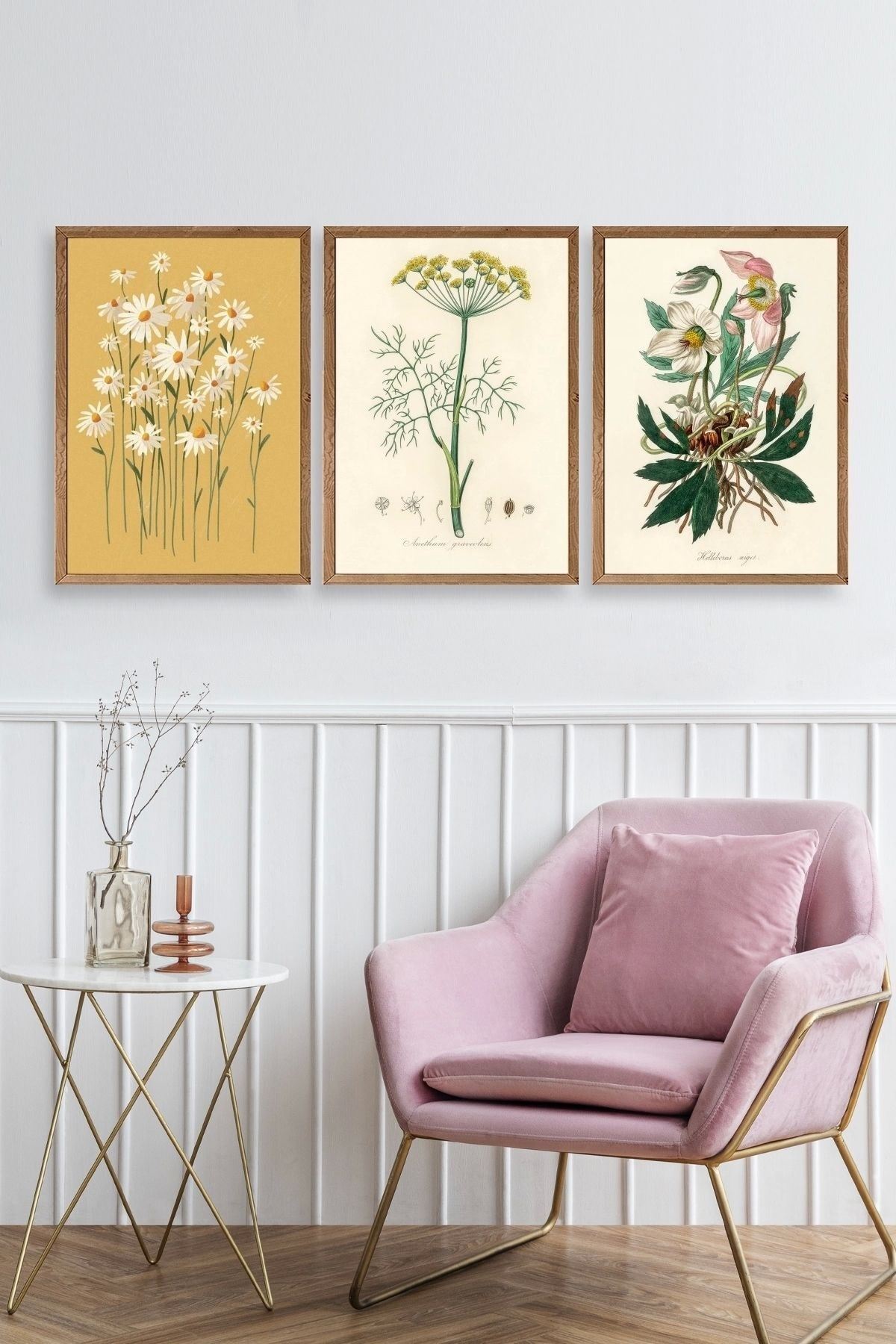 Çiçek Üçlü Ahşap Çerçeveli Tablo 50 x 70