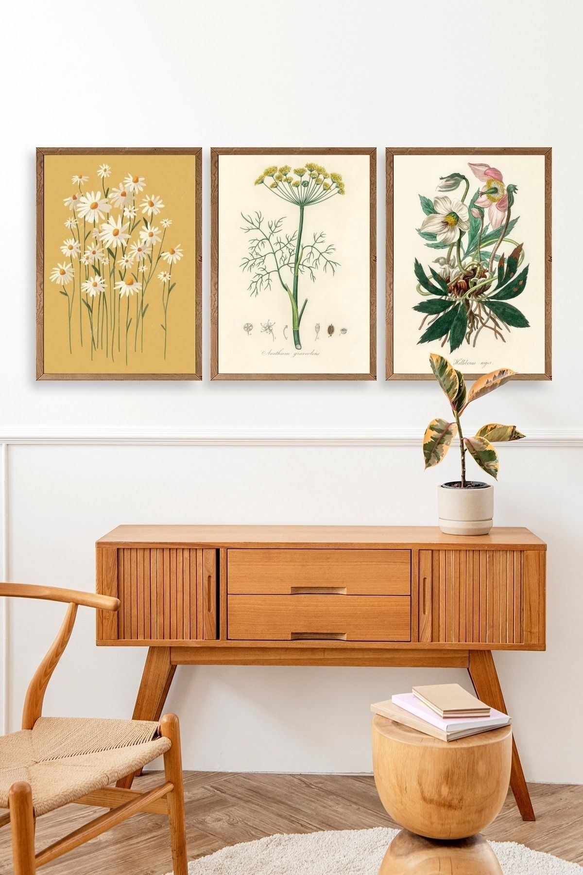 Çiçek Üçlü Ahşap Çerçeveli Tablo 50 x 70