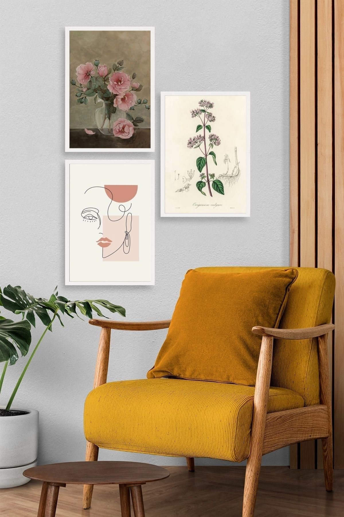 Çiçek Üçlü Ahşap Çerçeveli Tablo 30 x 40