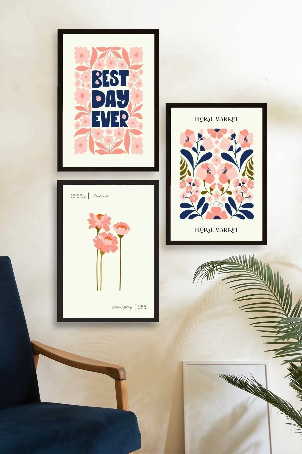 Flower Market Üçlü Ahşap Çerçeveli Tablo 40 x 60