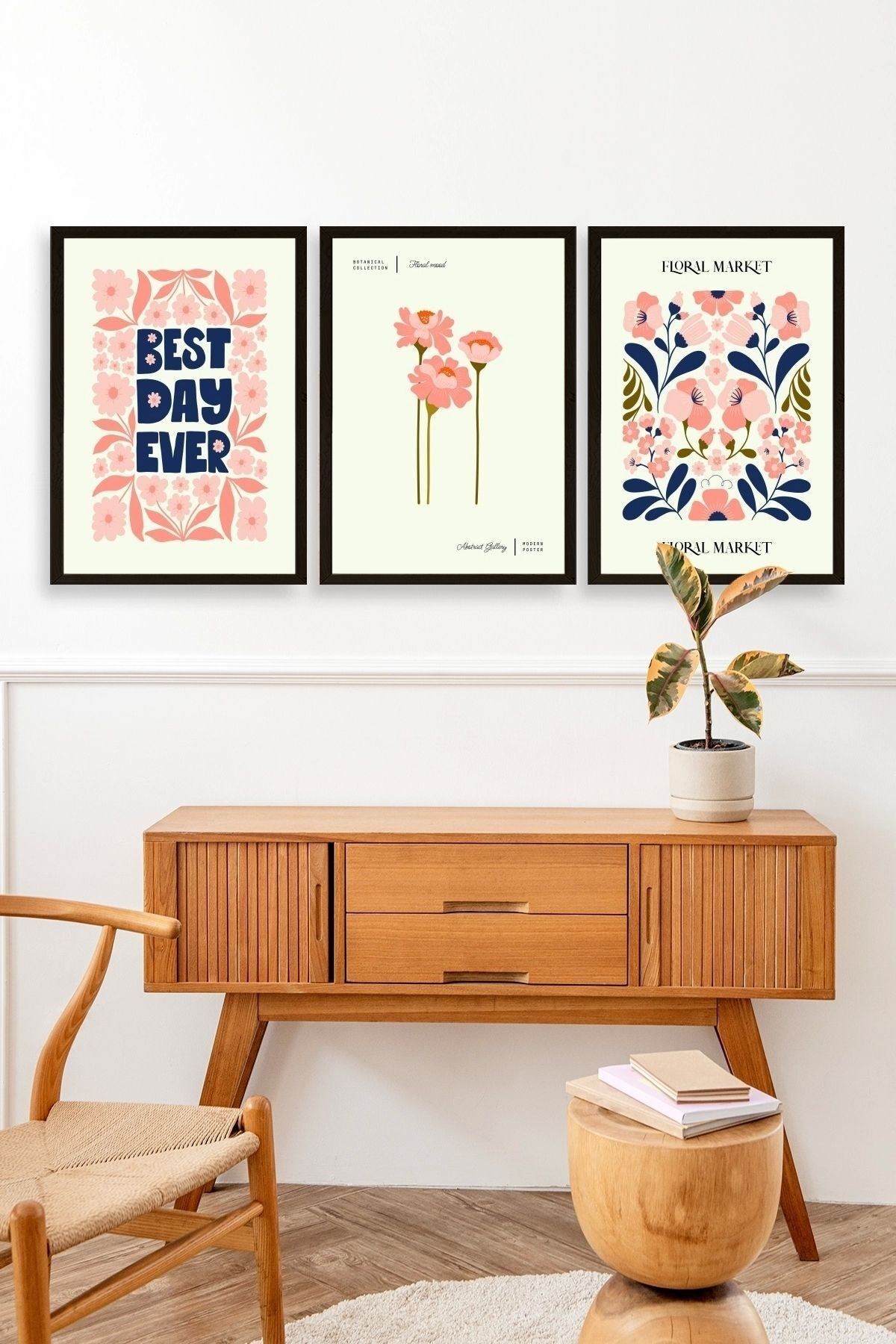 Flower Market Üçlü Ahşap Çerçeveli Tablo 40 x 60