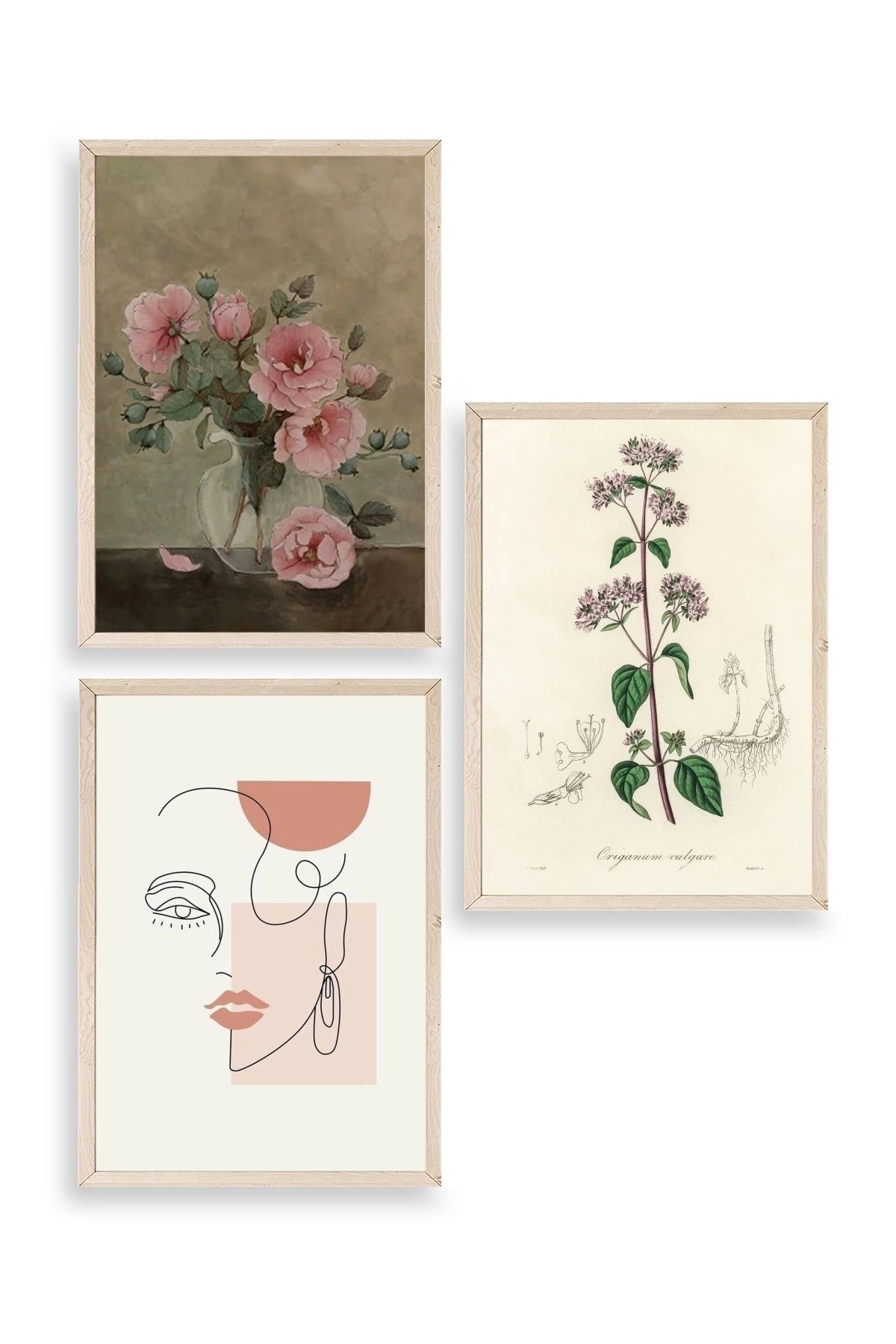 Çiçek Üçlü Ahşap Çerçeveli Tablo 40 x 60