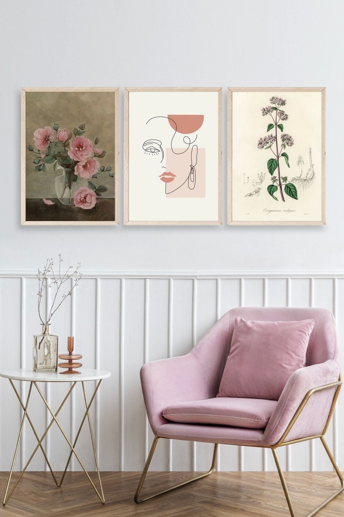 Çiçek Üçlü Ahşap Çerçeveli Tablo 40 x 60