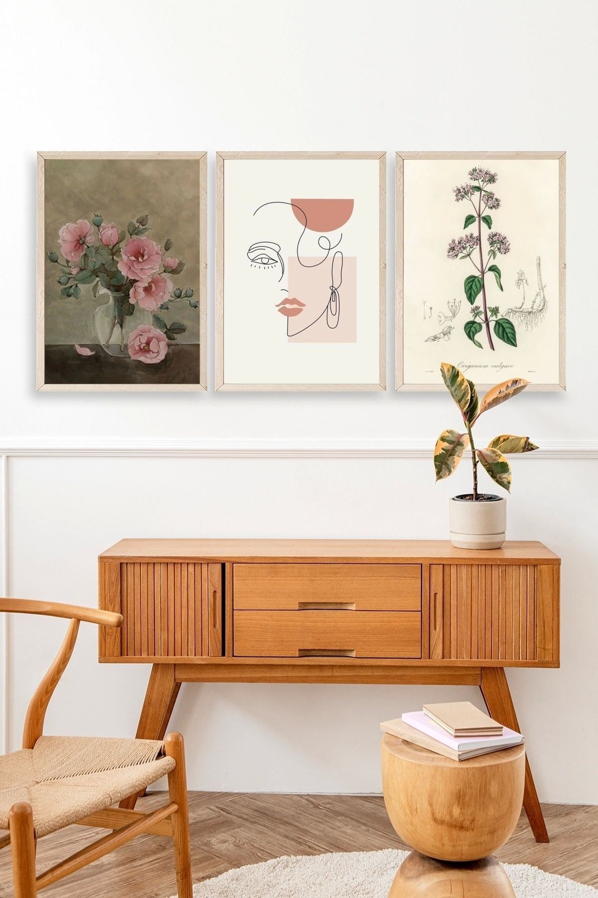 Çiçek Üçlü Ahşap Çerçeveli Tablo 23 x 30