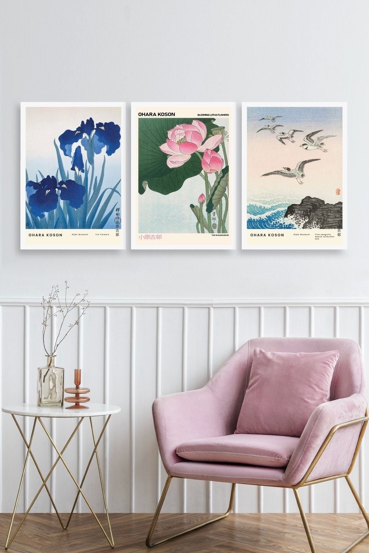 Vazodaki Çiçekler Üçlü Ahşap Çerçeveli Tablo 23 x 30