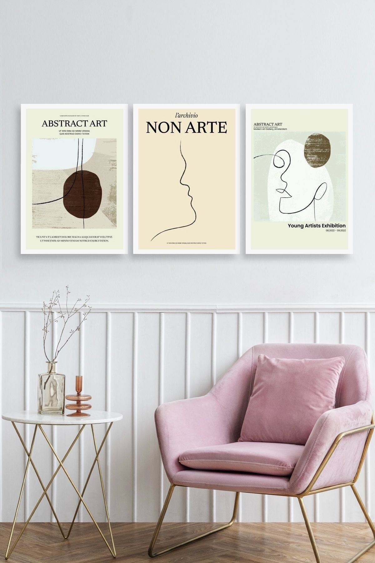 Soyut Sanat Üçlü Ahşap Çerçeveli Tablo 50 x 70