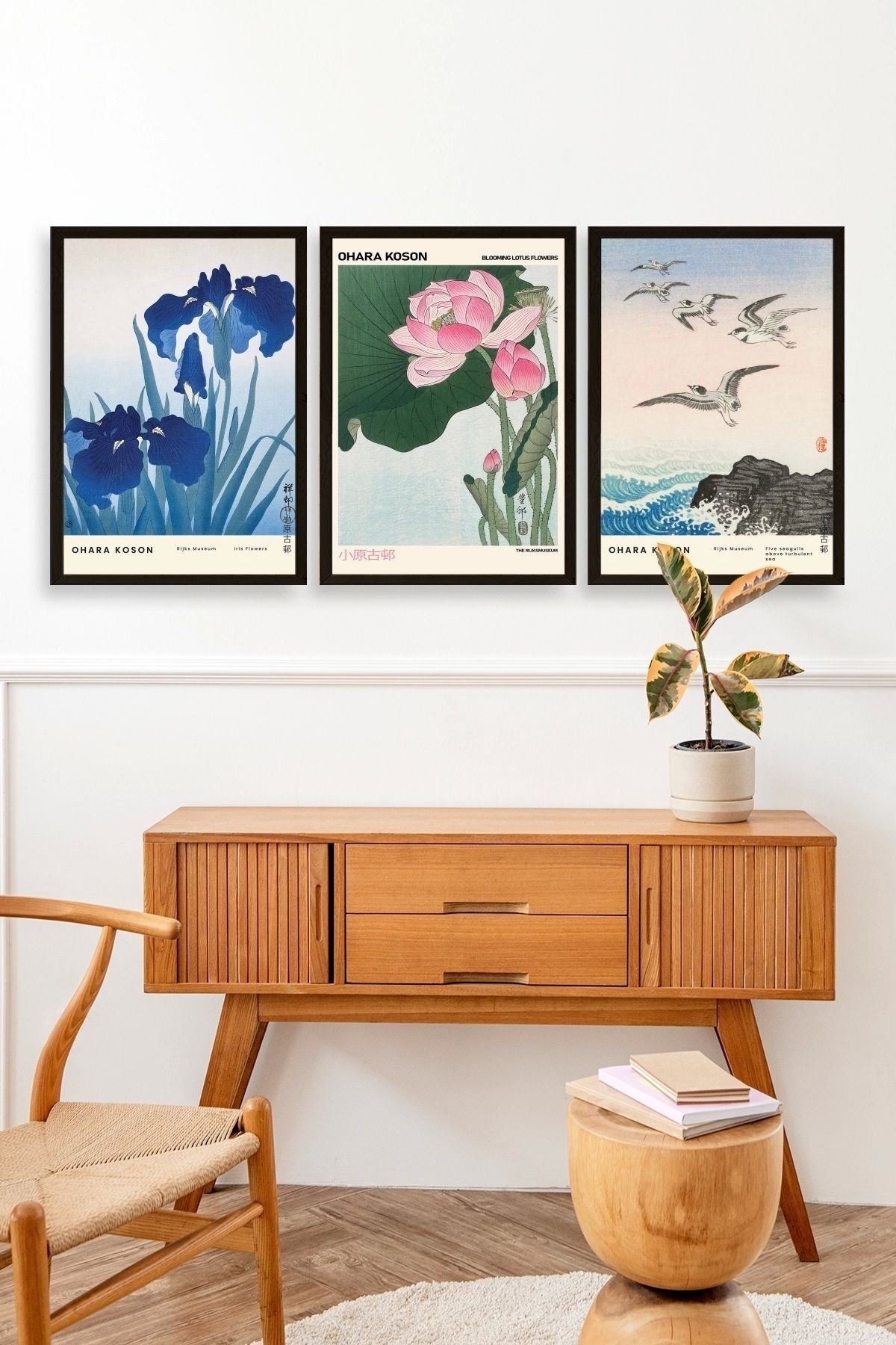 Vazodaki Çiçekler Üçlü Ahşap Çerçeveli Tablo 50 x 70