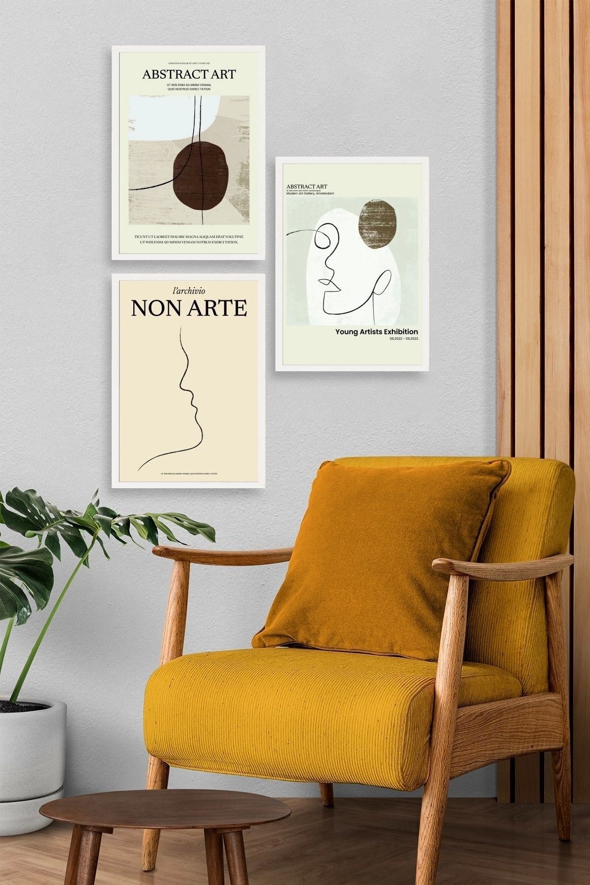 Soyut Sanat Üçlü Ahşap Çerçeveli Tablo 30 x 40