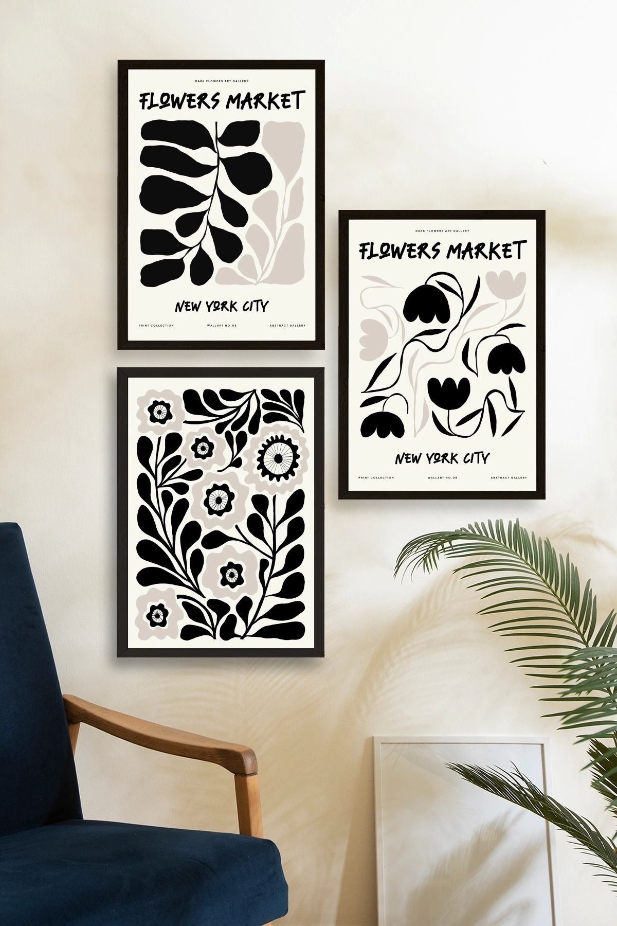 Flower Market Üçlü Ahşap Çerçeveli Tablo 40 x 60