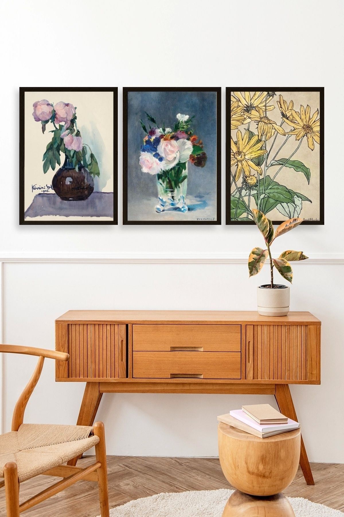 Vazodaki Çiçekler Üçlü Ahşap Çerçeveli Tablo 40 x 60