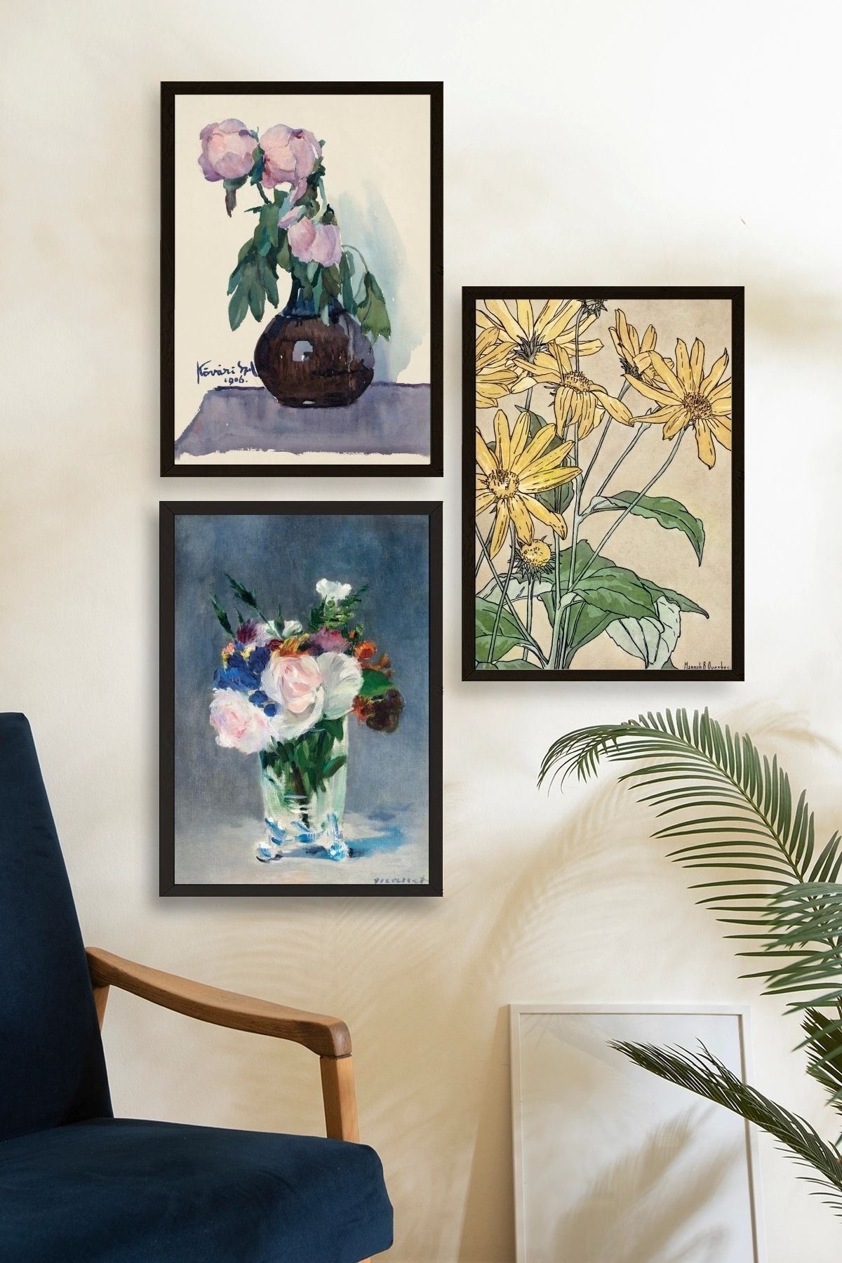 Vazodaki Çiçekler Üçlü Ahşap Çerçeveli Tablo 30 x 40