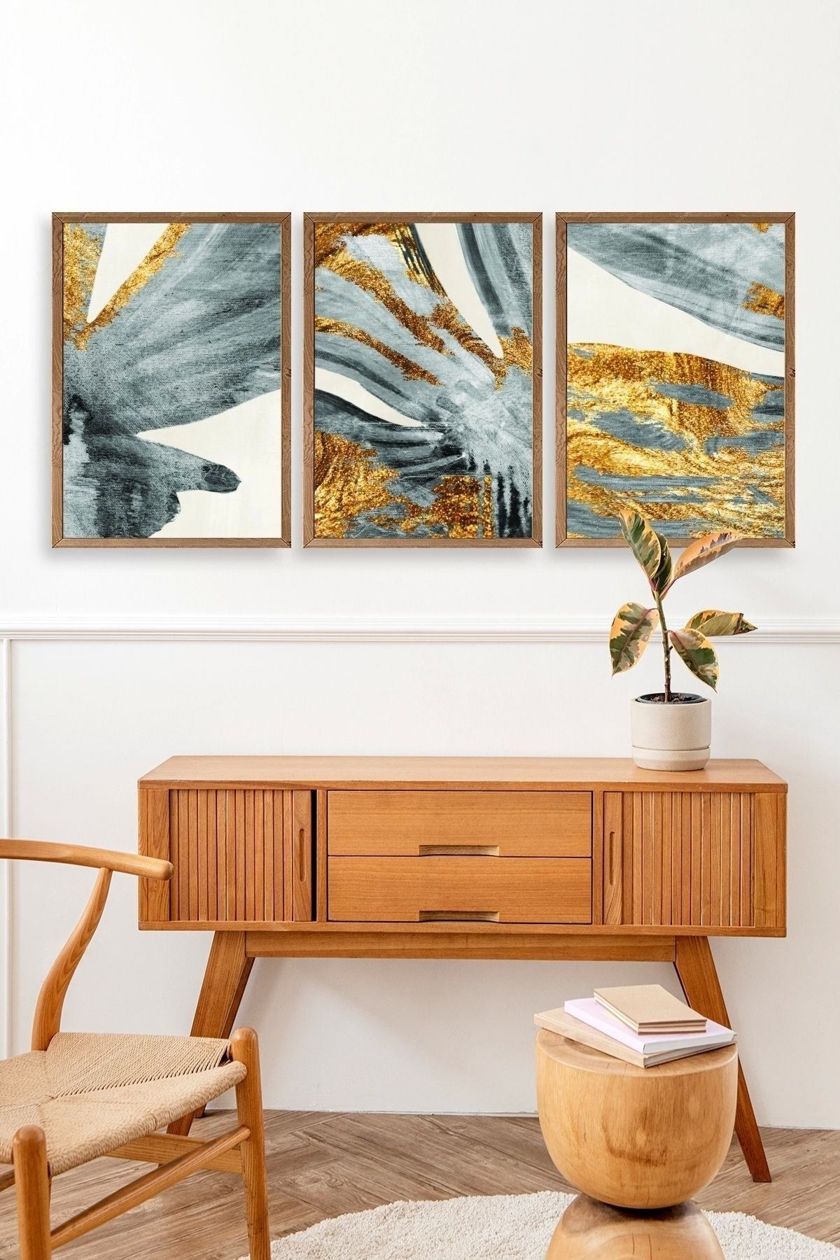 Manzara Üçlü Ahşap Çerçeveli Tablo 50 x 70