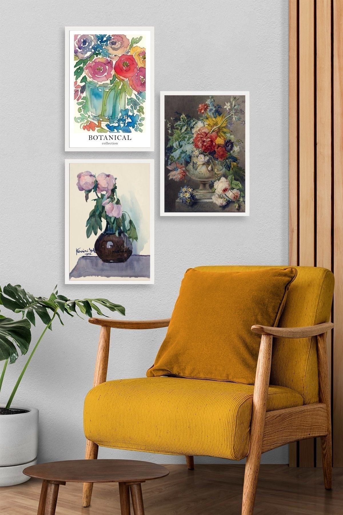 Çiçek Üçlü Ahşap Çerçeveli Tablo 40 x 60