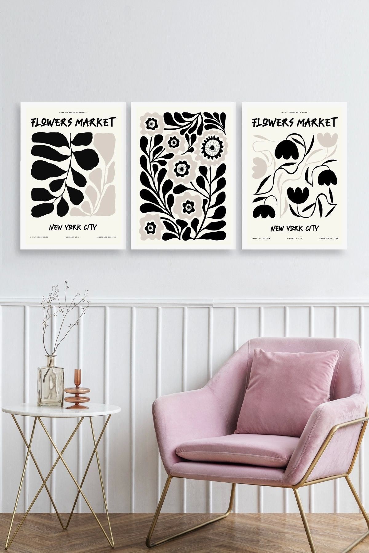 Flower Market Üçlü Ahşap Çerçeveli Tablo 40 x 60