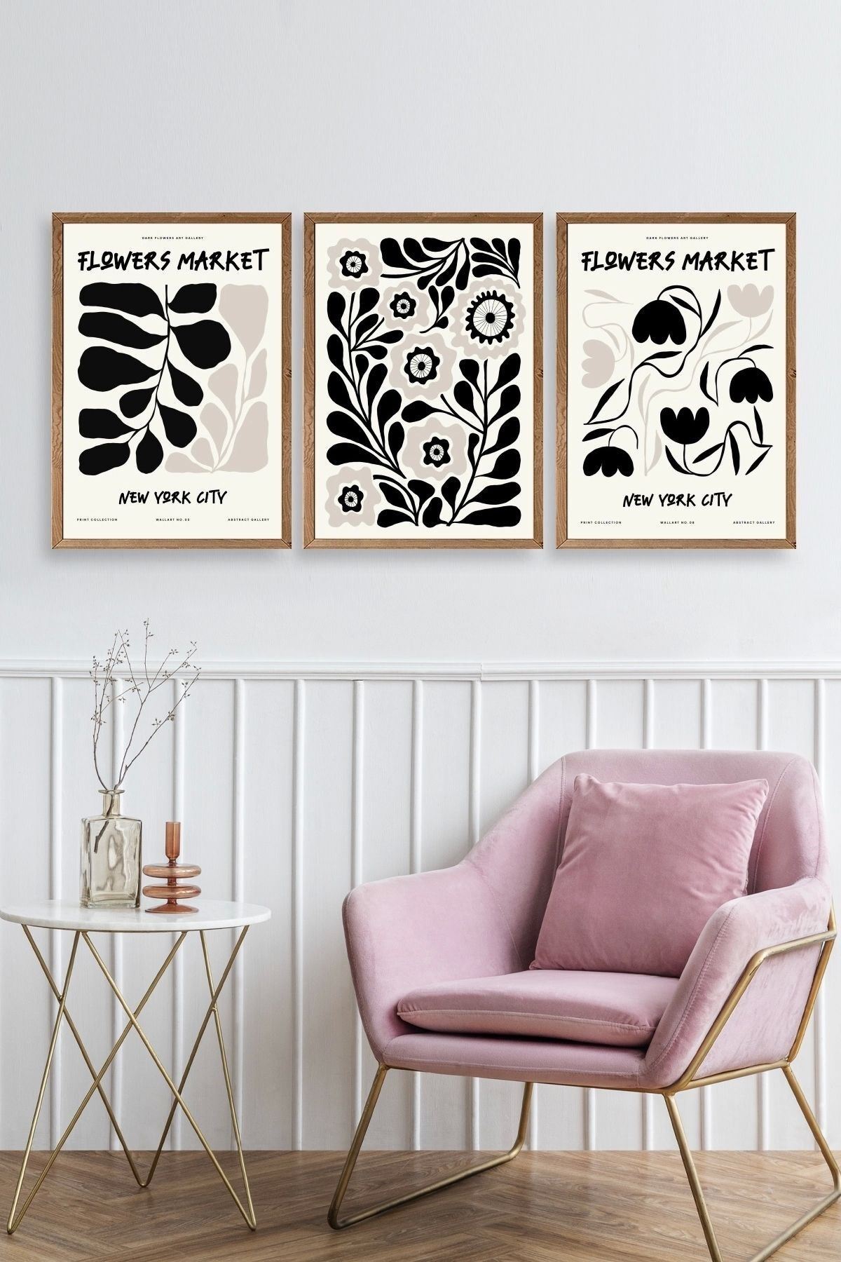 Flower Market Üçlü Ahşap Çerçeveli Tablo 50 x 70