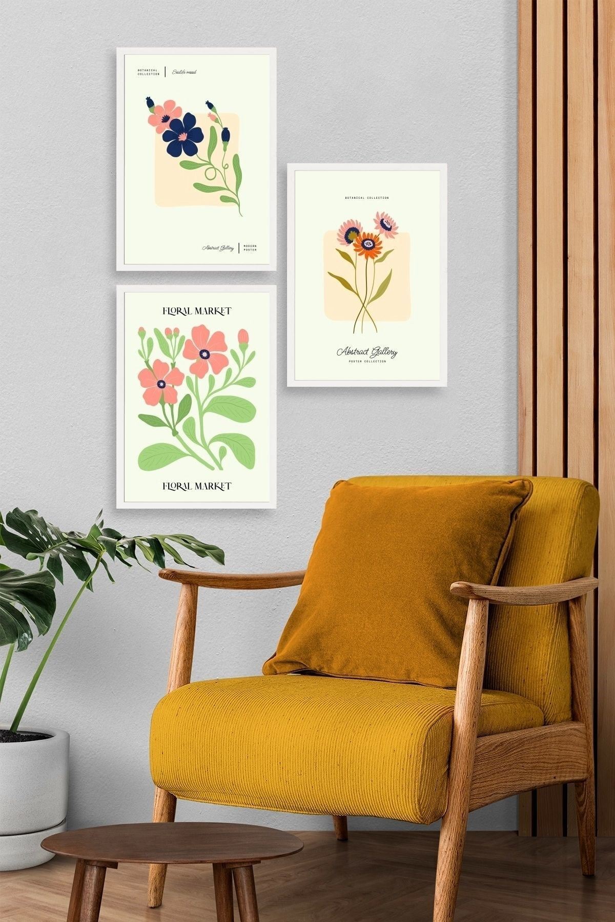 Flower Market Üçlü Ahşap Çerçeveli Tablo 23 x 30